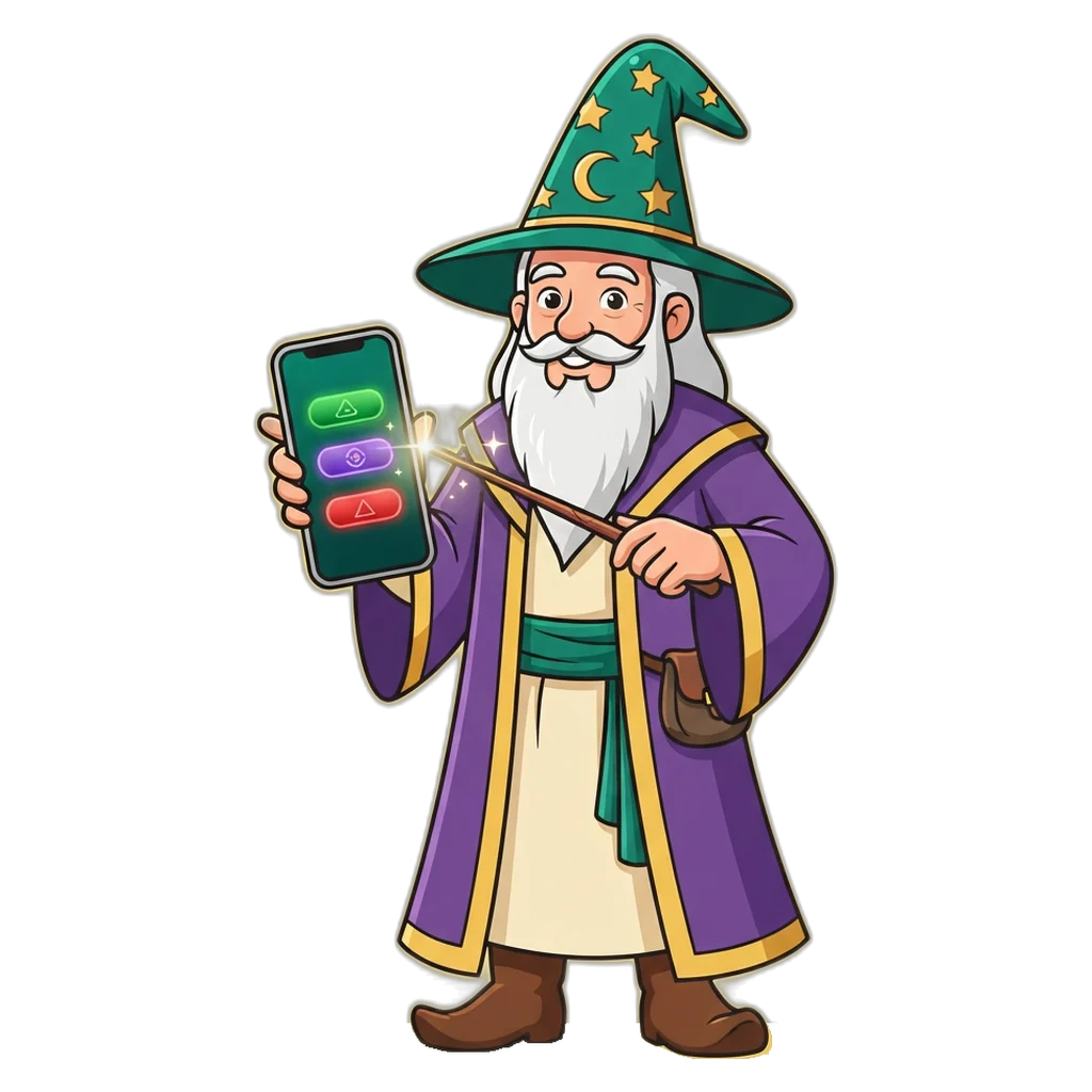 Wizard mascot pointing at a phone screen to show how to play colour prediction