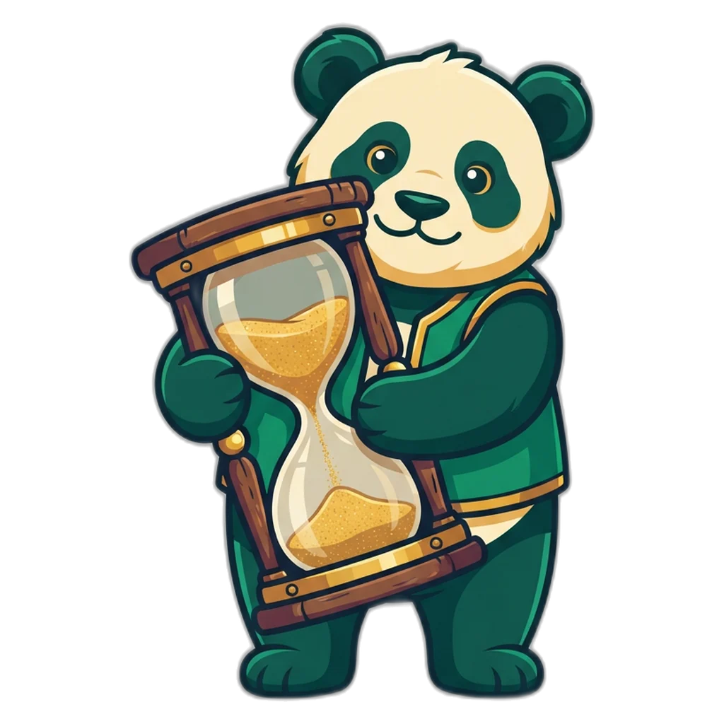 Lucky panda mascot with an hourglass as a reminder to time every session