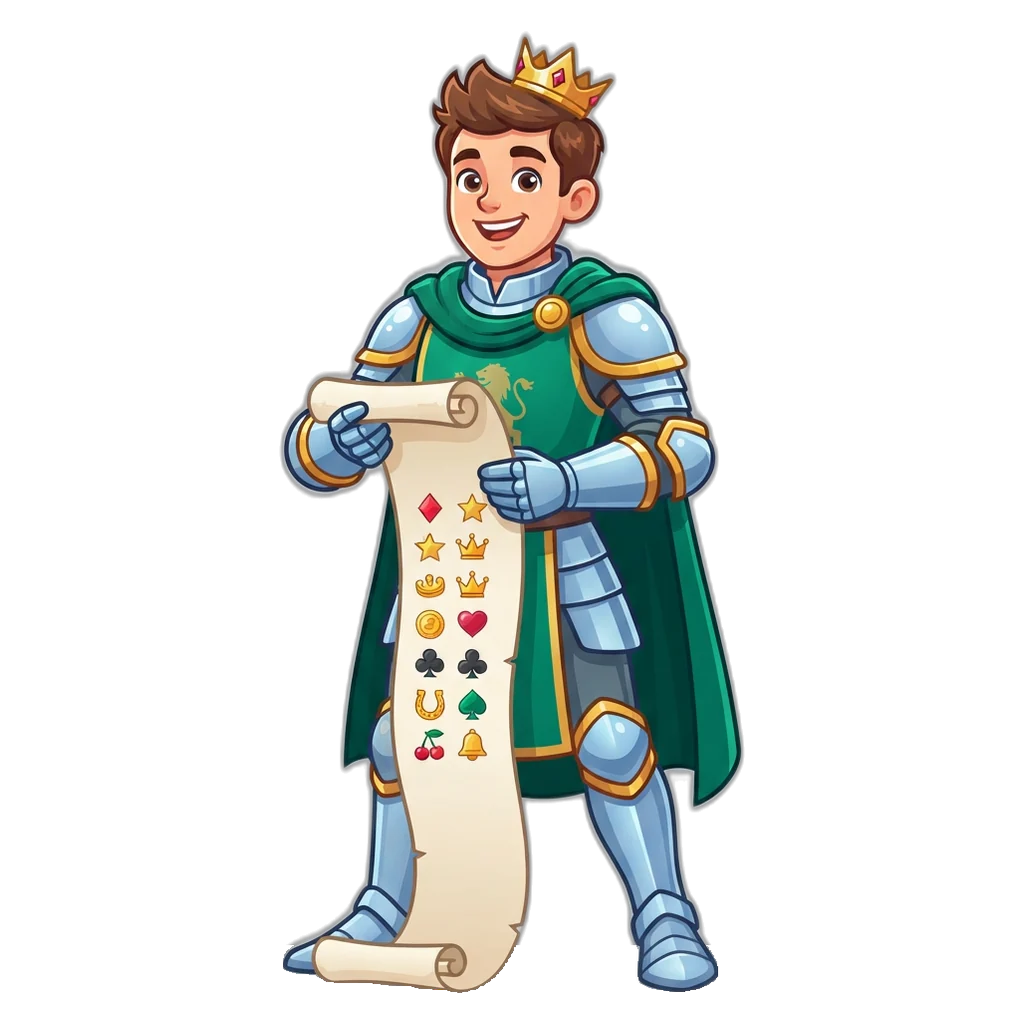 Young knight mascot with a scroll showing how to play colour prediction in eight steps