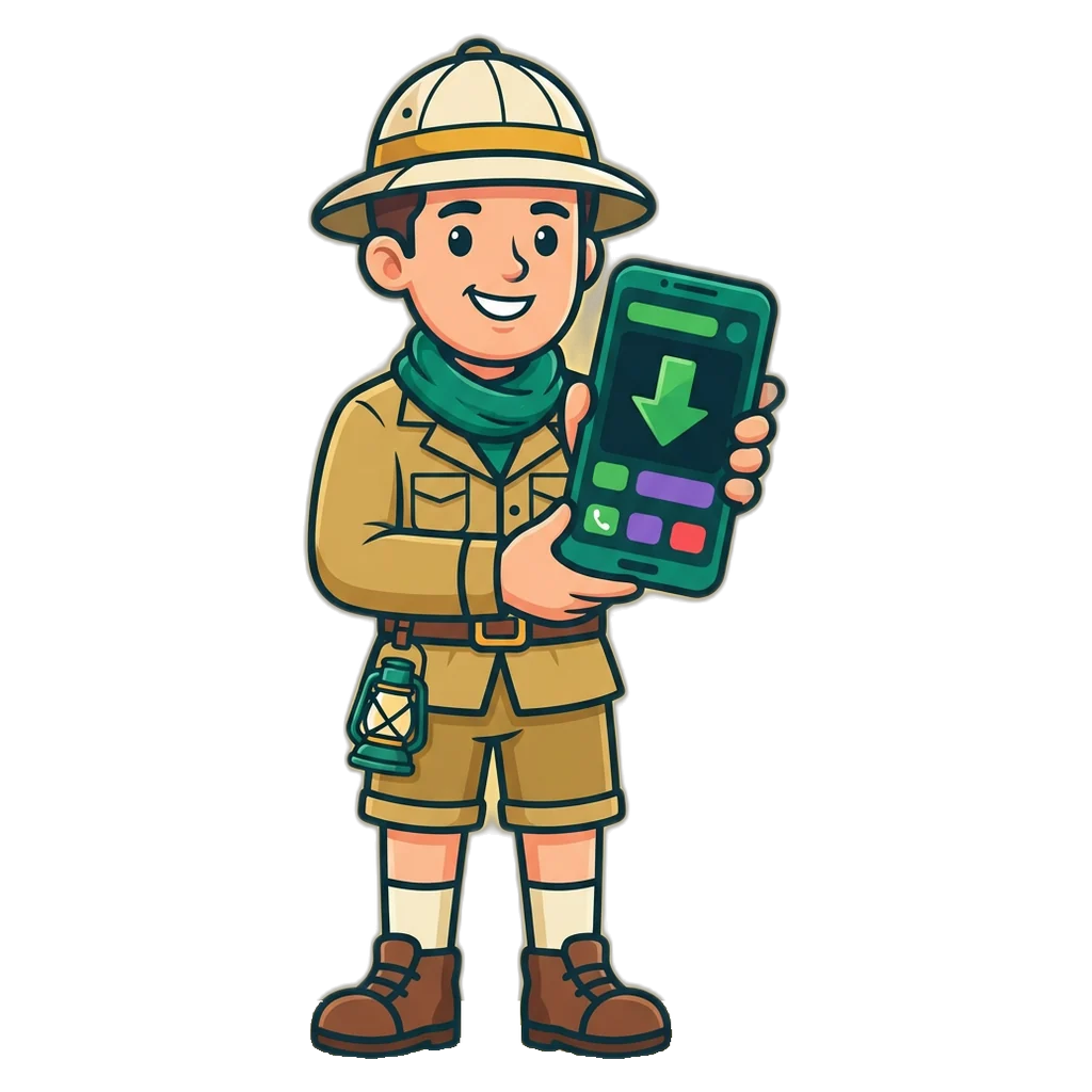 Explorer mascot holding an Android phone with a Purn Win APK download arrow
