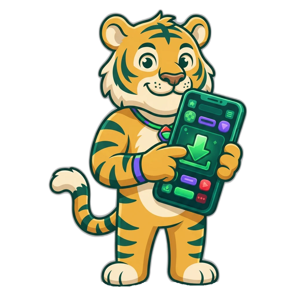 Fortune tiger mascot tapping a download arrow on an Android phone