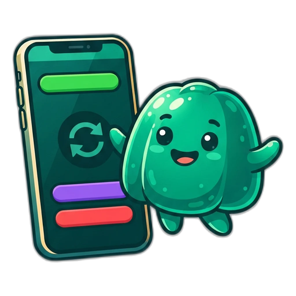 Friendly alien blob mascot next to a phone showing an app update icon