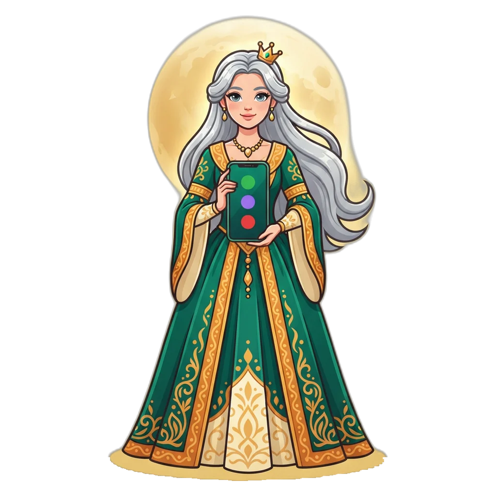 Moon princess mascot holding a phone with the Purn Win colour game open