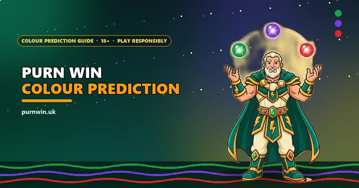 Thunder god mascot juggling green, violet and red orbs for the Purn Win colour prediction guide