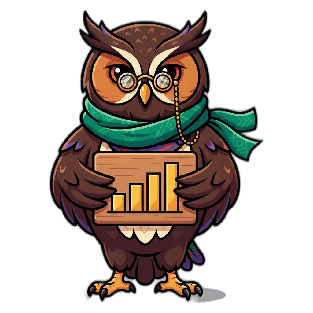 Wise owl holding a Purn Win colour prediction chart with an equal chance for every digit