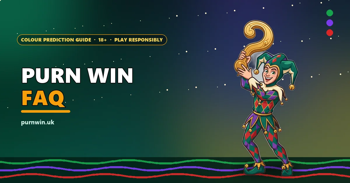 Jester mascot holding a question mark sign for the Purn Win FAQ