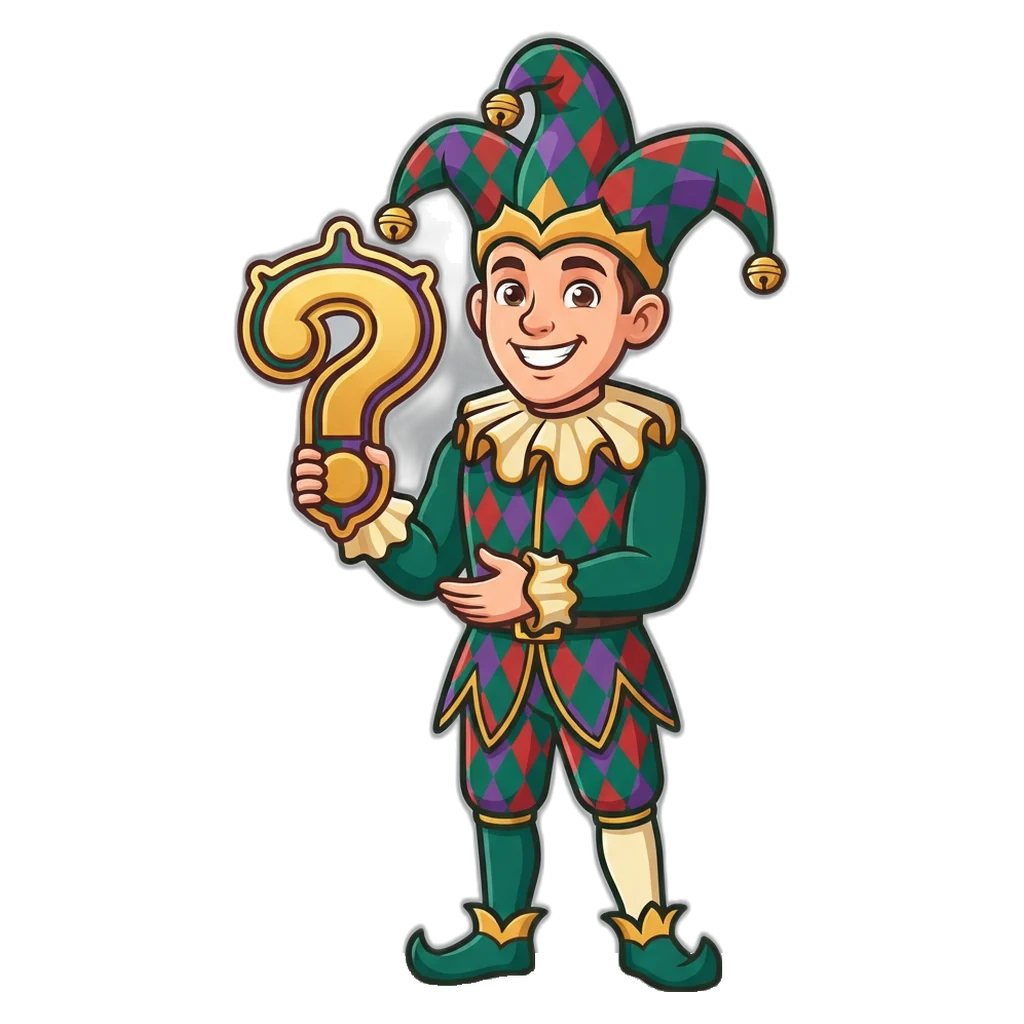 Jester mascot holding a question-mark sign for the Purn Win FAQ