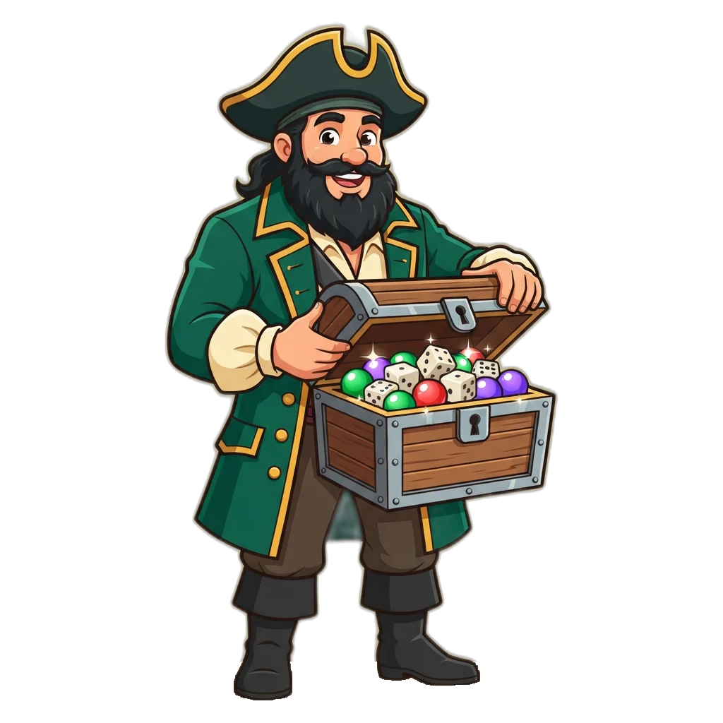 Purn Win game catalogue shown as a pirate captain mascot opening a chest of dice and coloured balls