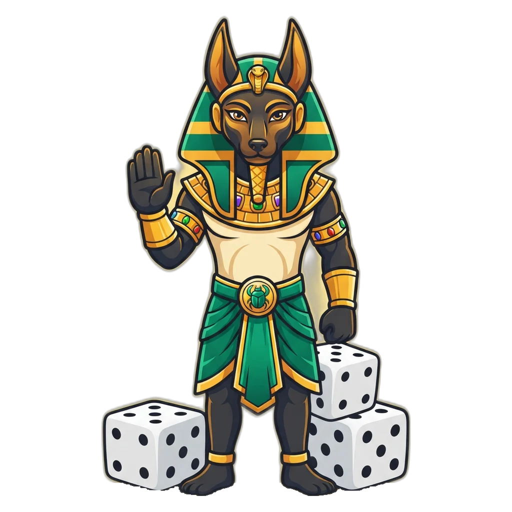 Jackal-headed guardian mascot beside three dice holding a limit sign as a reminder to play safely