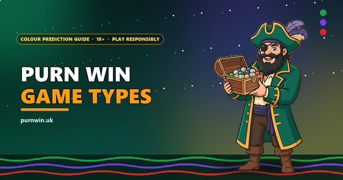 Pirate captain mascot with a chest of dice and coloured balls for the Purn Win game types page