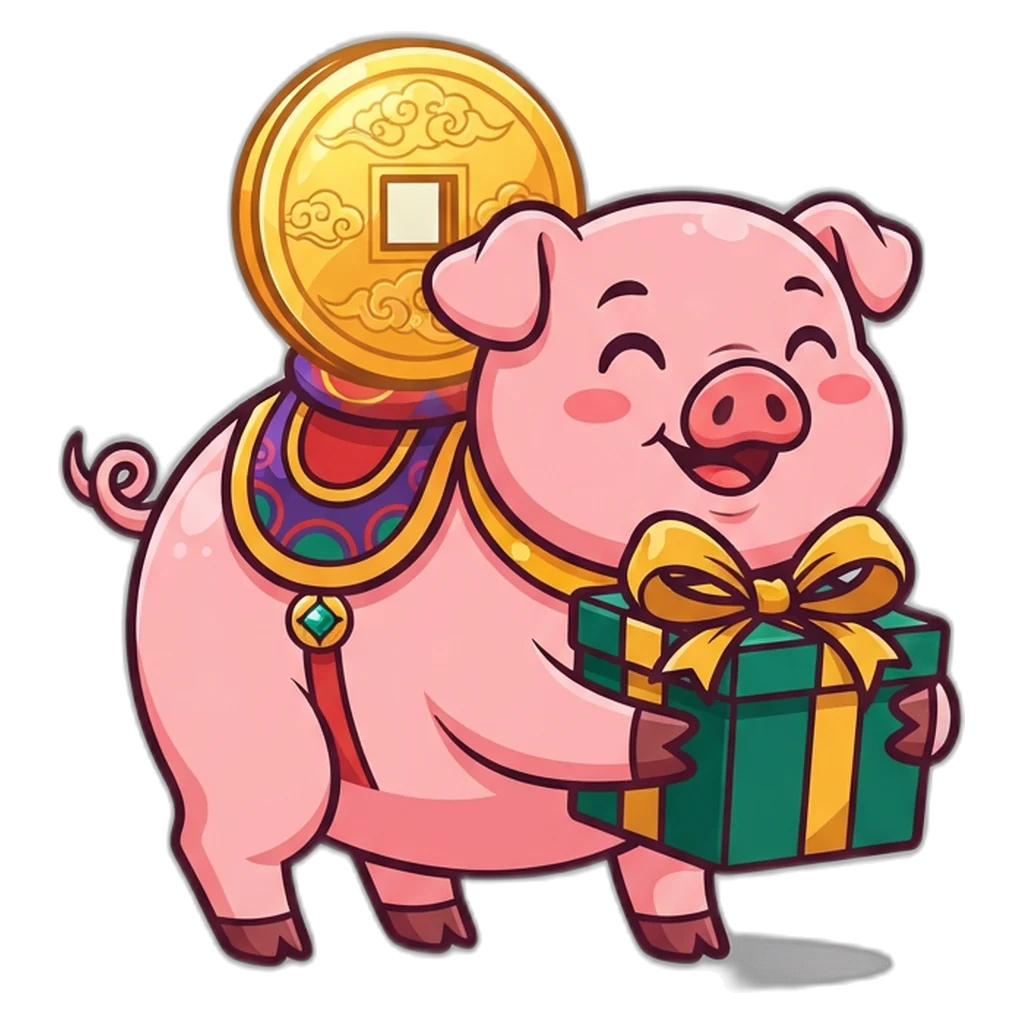 Lucky pig mascot holding a gift box with a hidden Purn Win gift code tag