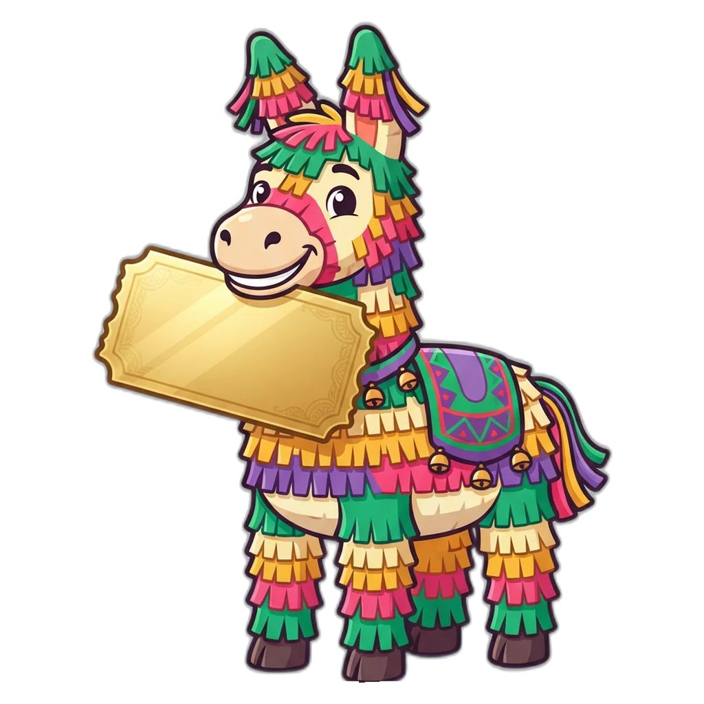 Piñata donkey mascot holding a coupon ticket split into gift, invite and deposit parts