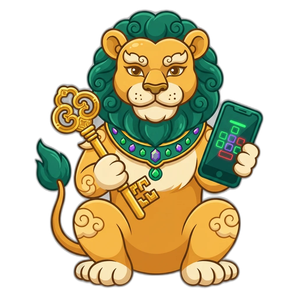 Temple lion mascot holding a golden key and a phone showing the Purn Win login screen
