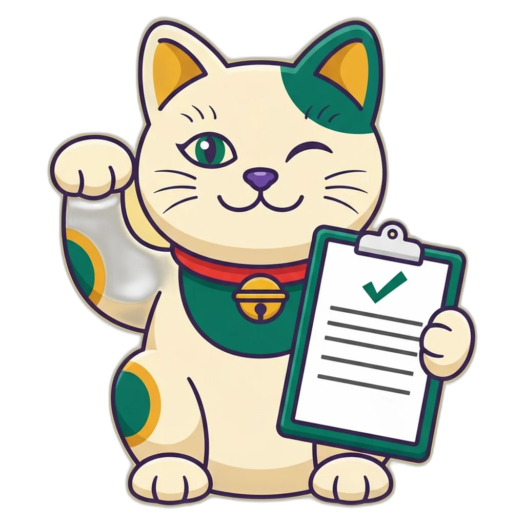 Lucky cat mascot holding a clipboard with the Purn Win register form and a green tick