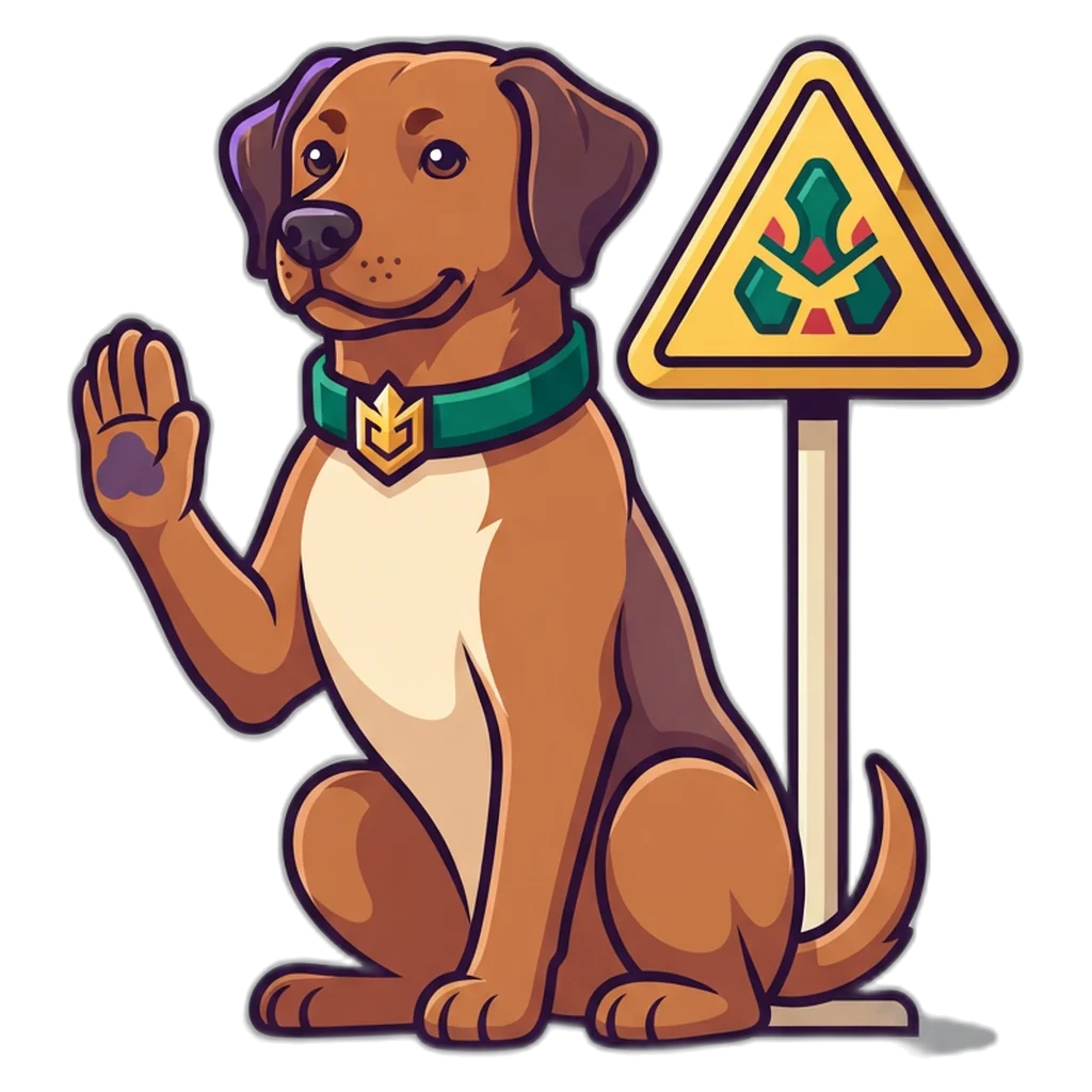Guard dog mascot beside a warning sign, blocking a suspicious chat link