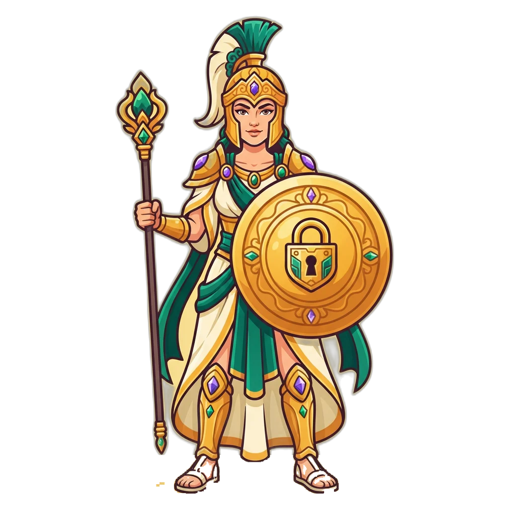 Warrior goddess mascot with a shield and padlock, asking the question: is Purn Win safe?