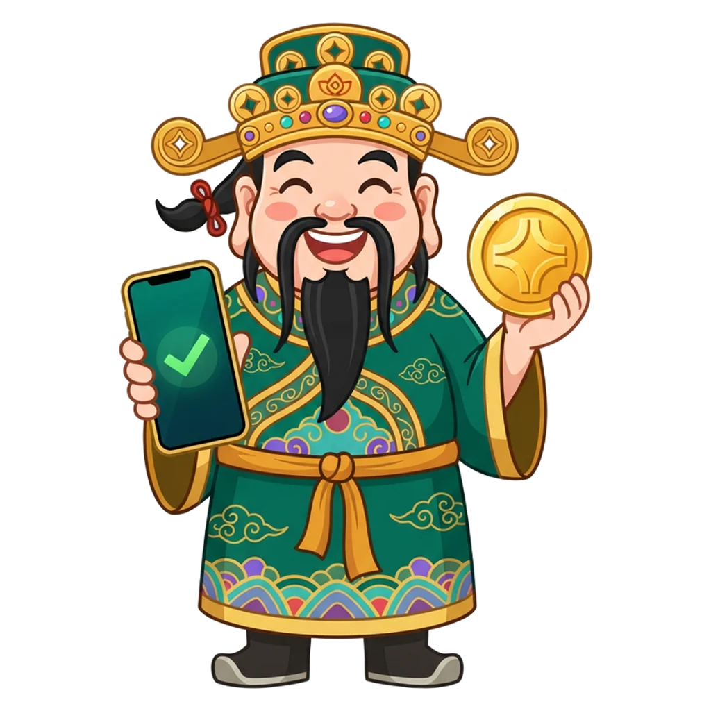 Wealth god mascot with a UPI tick and a rupee coin, a Purn Win payments reminder