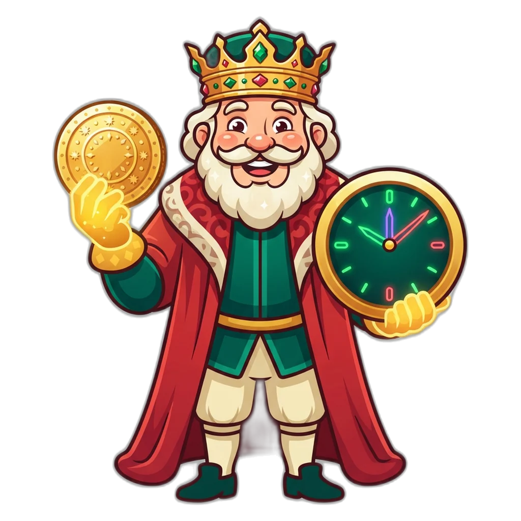 Golden king mascot holding a rupee coin and a clock to explain payout waiting times